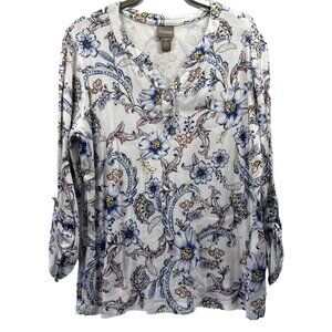 Chicos Women's Top Size Large Colorful Paisley Blue White Rhinestone Buttons